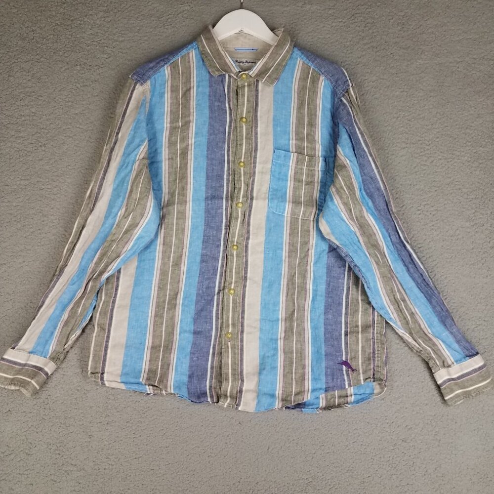 Tommy Bahama Linen Shirt Adult Large Striped Office Travel Blue Lightweight Mens